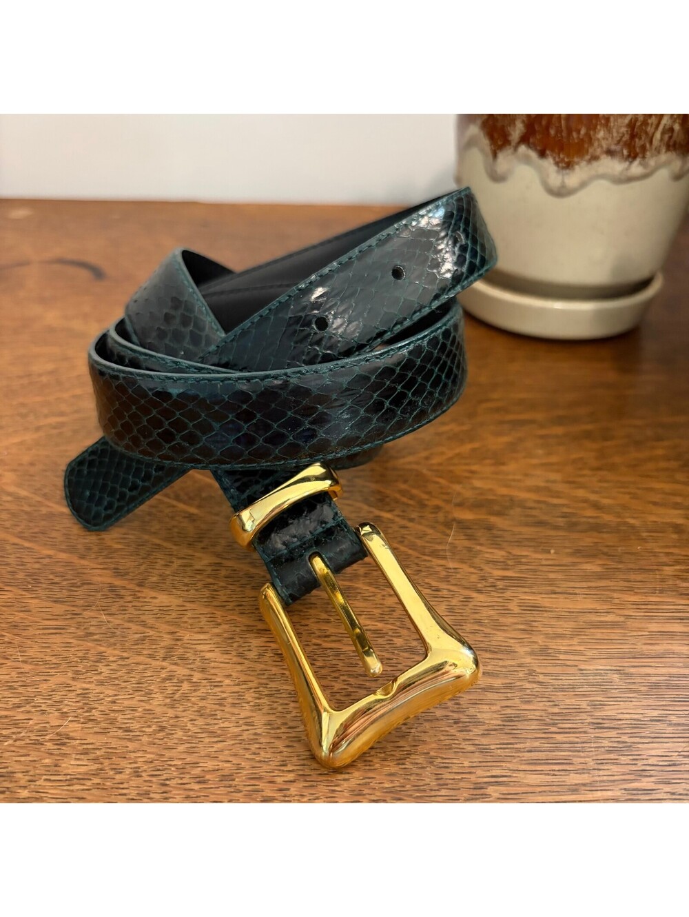 Vintage Black Green Plus Size 3X Snakeskin Leather Belt Gold Buckle